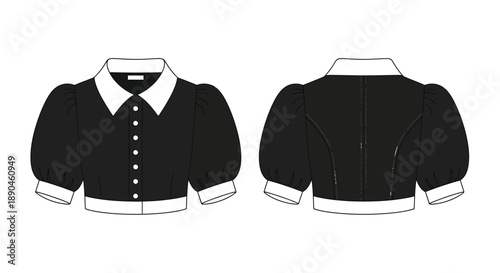 Black blouse design with puffed sleeves shown from front and back views