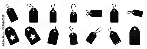christmas  gift tag icon set silhouette on black colour and white background. Holiday silhouette vector icons.