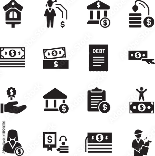 Debt and Financial Management Icon Set: Bankruptcy, Banking, and Loan Icons in Flat Vector Style