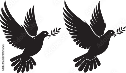 Symbol of peace, two black silhouette doves flying with olive branches in their beaks. Hope and tranquility concept.