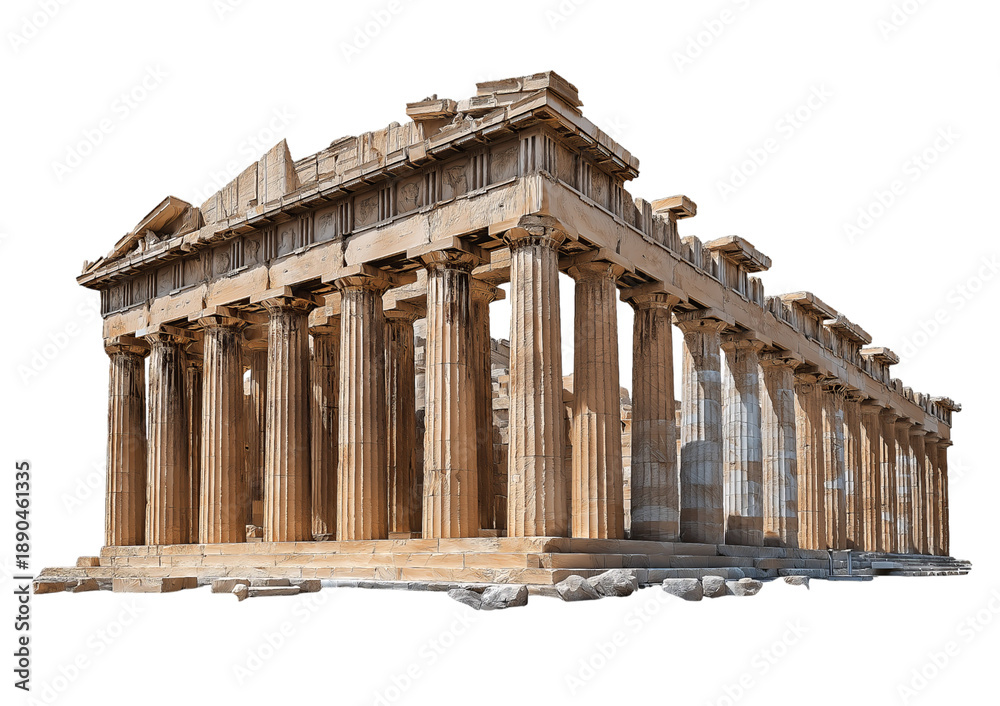 Obraz premium Ancient Greek Parthenon temple with Doric columns and stone facade isolated on a transparent background