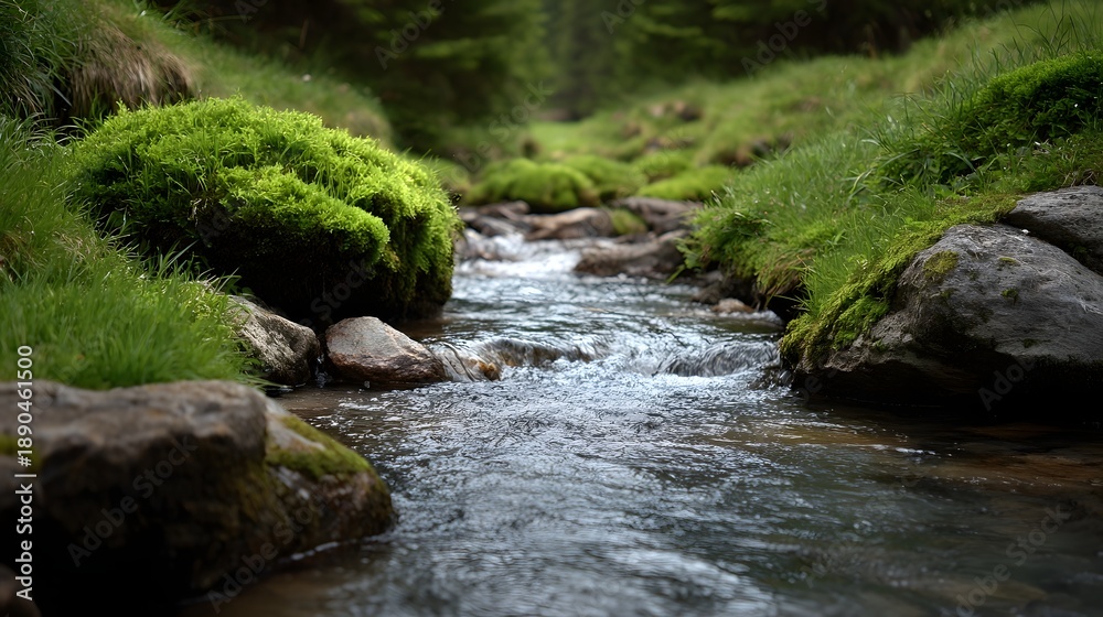 Obraz premium A clear refreshing stream flows gently over rocks and through a lush green forest landscape