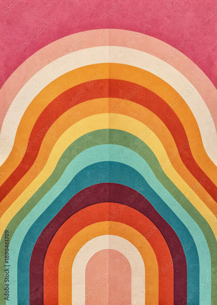 Obraz premium Organic rainbow arches with flowing layered curves, abstract retro composition in warm earthy colors, soft textured geometric art design with playful midcentury mood