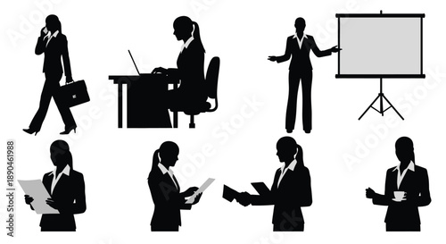 Business women silhouettes engaged in various professional activities