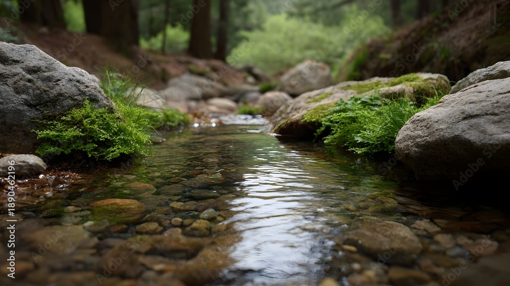 Fototapeta premium Crystal clear stream flowing over smooth pebbles amidst mossy forest rocks