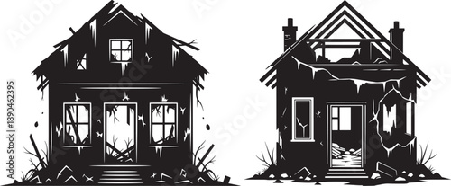 Silhouettes of two dilapidated houses, ruined and abandoned, on a white background, representing destruction