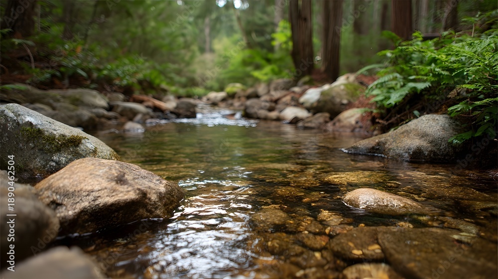 Obraz premium A clear shallow forest brook with water gently rippling over a bed of colorful stones and rocks surrounded by lush green foliage