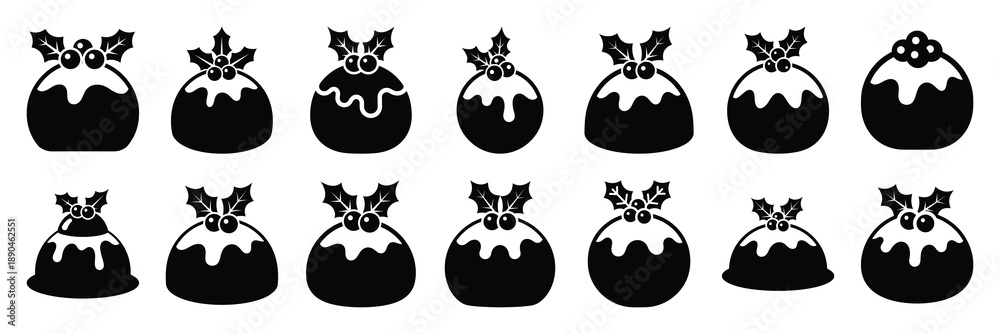 Fototapeta premium christmas pudding icon set silhouette on black colour and white background. Holiday silhouette vector icons.