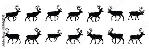 christmas  reindeer  walking icon set silhouette on black colour and white background. Holiday silhouette vector icons.
