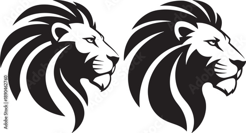 Majestic lion head silhouette, profile view of powerful big cat with flowing mane. Symbol of strength and courage.