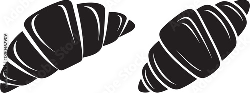 Two stylized black croissants, side-by-side, with distinct curved layers. Delicious pastry illustration.