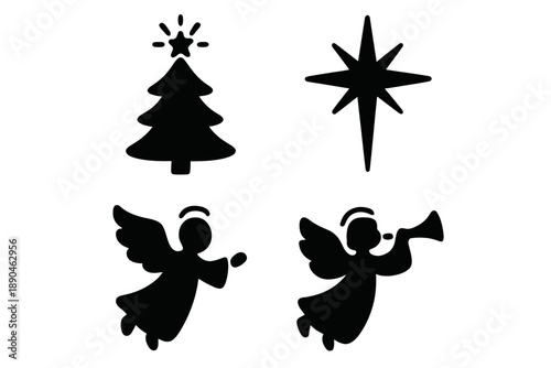 Christmas and Nativity symbols including angels, festive tree, and Star of Bethlehem