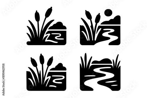 Minimalist graphic symbols depicting wetland plants and winding water streams