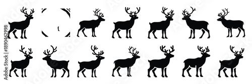 christmas  reindeer standing icon set silhouette on black colour and white background. Holiday silhouette vector icons.