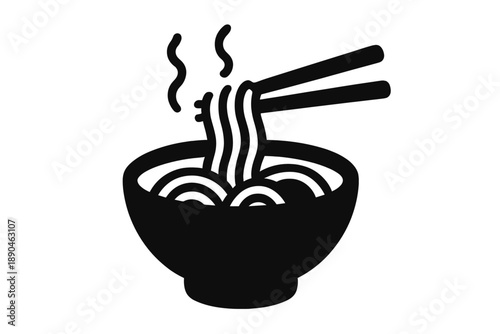Minimalist black silhouette of hot steaming Asian noodles in a bowl with chopsticks