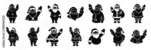 christmas  santa  waving icon set silhouette on black colour and white background. Holiday silhouette vector icons.