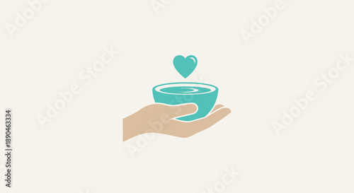 Hand holding a bowl with a heart above it, symbolizing care and nourishment.