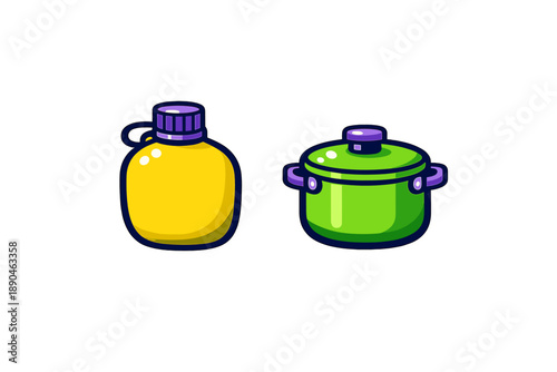 Colorful camping gear set featuring a yellow canteen and a green cooking pot with purple accents
