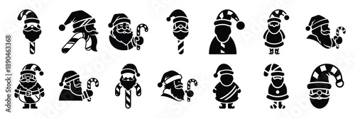 christmas  santa candy cane icon set silhouette on black colour and white background. Holiday silhouette vector icons.