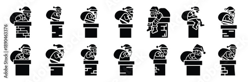 christmas  santa chimney icon set silhouette on black colour and white background. Holiday silhouette vector icons.