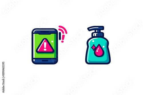 Digital alert on mobile device screen next to a pump bottle of hand wash gel
