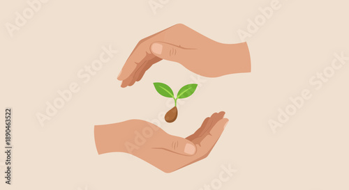 Hands cradling a sprouting seedling with green leaves.