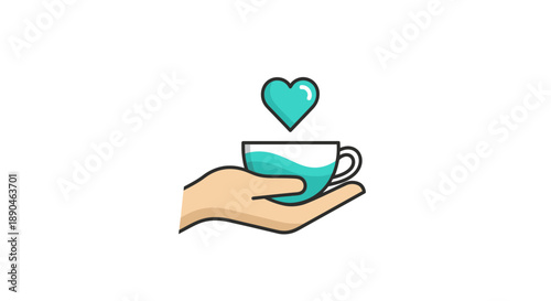 Hand holding a teacup with a heart above it.