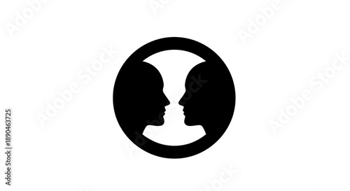 Black and white optical illusion of two faces in a circle.