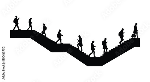 A group of people walk along a jagged ascending staircase represented in a striking black silhouette high quality professional detailed modern