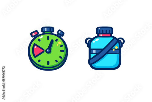 Stopwatch timer and hydration canteen icons for fitness and sports activities