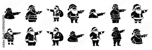christmas  santa pointing icon set silhouette on black colour and white background. Holiday silhouette vector icons.