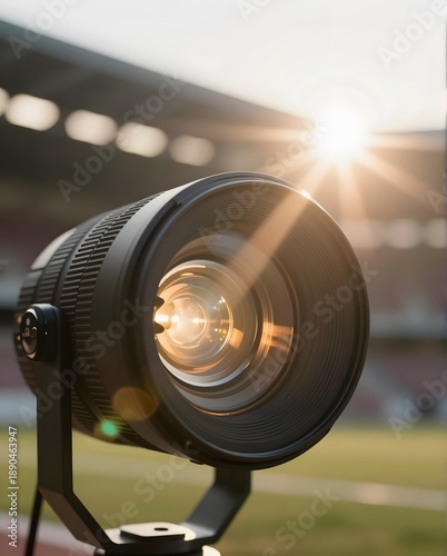 Professional Camera Lens Capturing Sunlight at a Stadium During Outdoor Event