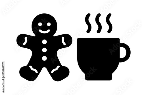 Gingerbread man cookie silhouette standing next to a steaming hot beverage mug