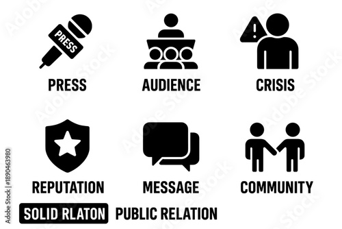Public relations management concepts: press, audience, crisis, reputation, message, and community symbols