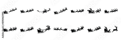 christmas  santa reindeer sleigh icon set silhouette on black colour and white background. Holiday silhouette vector icons.