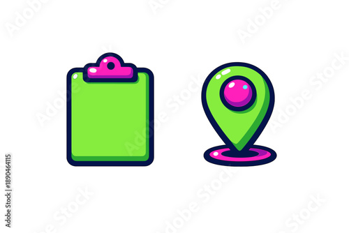 Neon style clipboard and location pin icons for navigation and data entry
