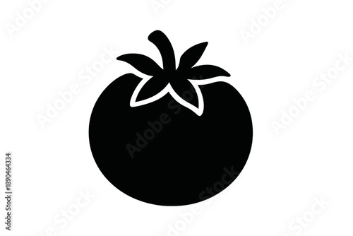 Black silhouette of a fresh ripe tomato with stem and calyx leaves on a white background