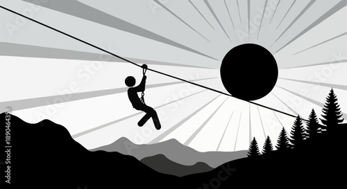 Silhouette of person ziplining across sunlit sky over mountains.