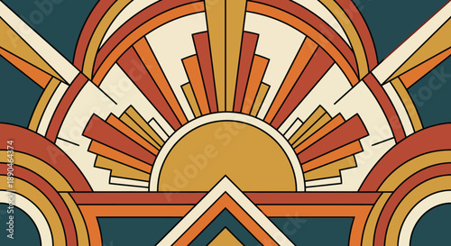 Abstract geometric art deco sunburst with symmetrical rays and arches in warm orange and yellow for retro vintage style decoration and elegant luxury graphic design.