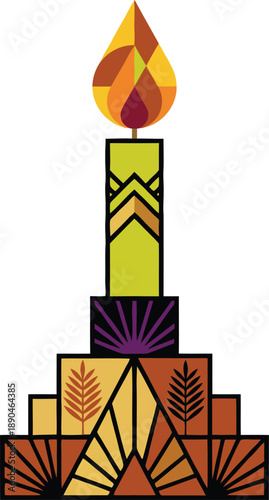 Abstract geometric art deco candle with burning flame on decorated stand with ethnic ornaments and tribal patterns for holiday celebration and spiritual culture art.