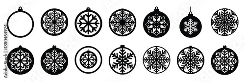 christmas  snowflake ornament round icon set silhouette on black colour and white background. Holiday silhouette vector icons.