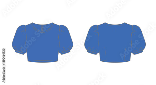 Fashion technical illustration of a light blue puff sleeved short top