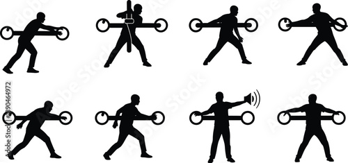 Human-tool interaction silhouette set, mechanical work poses, teamwork and labor concept, wrench icons, dynamic effort illustration