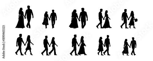 Romantic Walking Couple Silhouette Bundle Holding Hands Love Black Vector Set