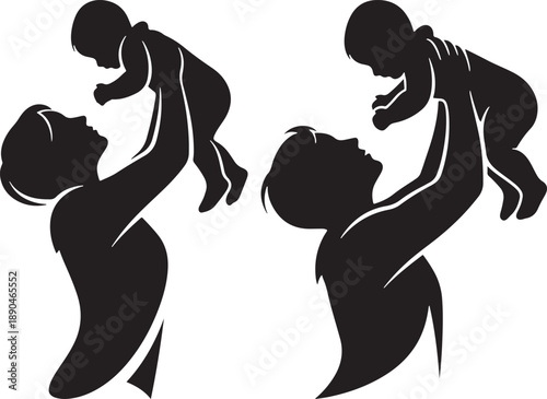 Two black silhouettes of a parent holding a baby aloft, conveying love, family, and parenthood. Gentle and caring moment.