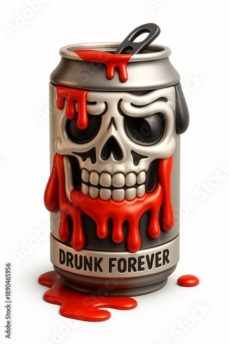 3D silver can with a skull face and red liquid dripping. 