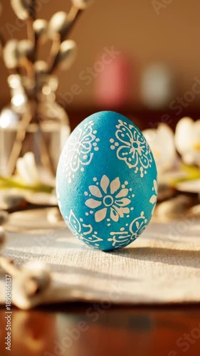 The blue Easter egg with floral patterns sits on a wooden table. Fresh flowers are placed nearby. Setting is a cozy home during spring. Concept of Easter, decoration, festive celebration
