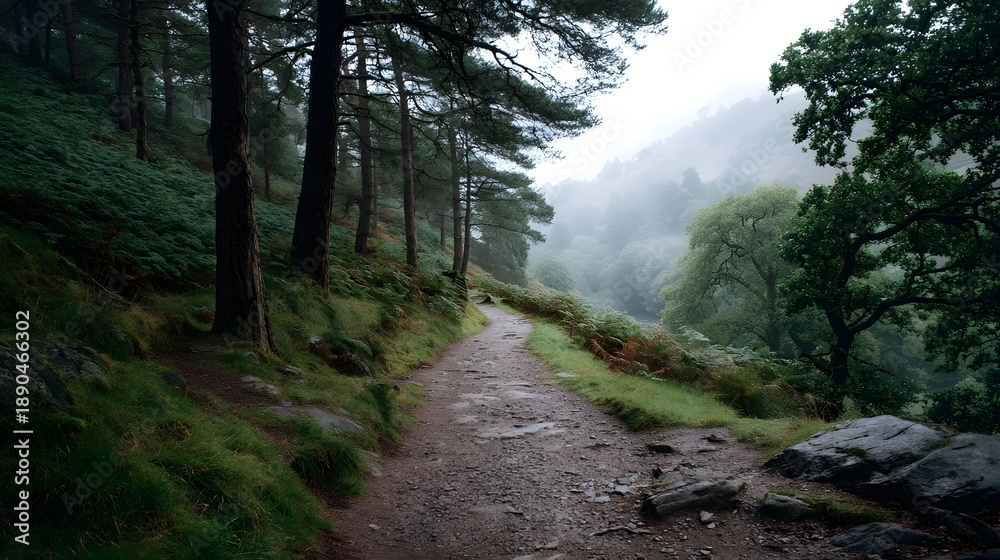 Obraz premium A misty forest path winds uphill along a lush green hillside with trees and distant hazy mountains