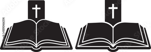 Two open bibles in silhouette with white cross icon, symbolizing reading holy scripture and faith