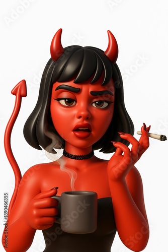 A tired red devil girl holding a steaming coffee mug and a cigarette against a white background.
